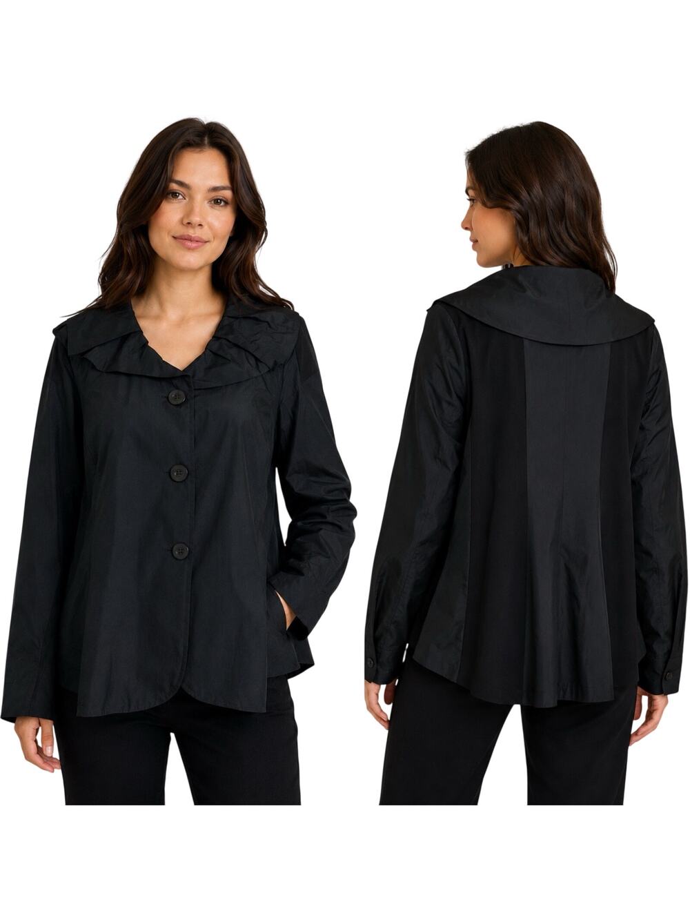 LUUKAA France Mixed Media Black Jacket Pleated Collar Stretch Size 4 Lagenlook